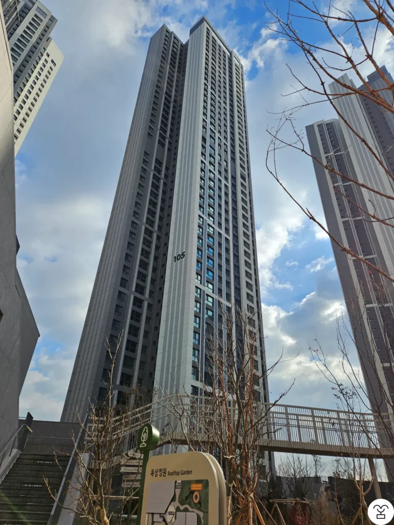 The building overlooking the rooftop garden