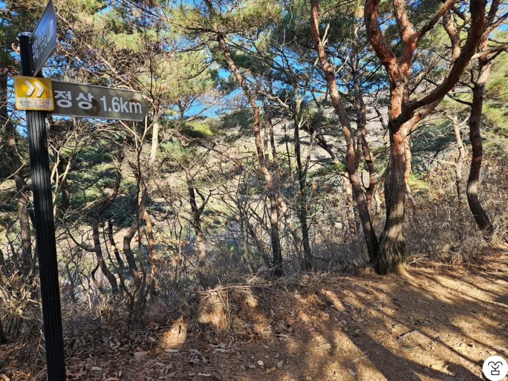 After the first section of wooden stairs, a sign appears indicating that 1.6 kilometers remain to the summit.